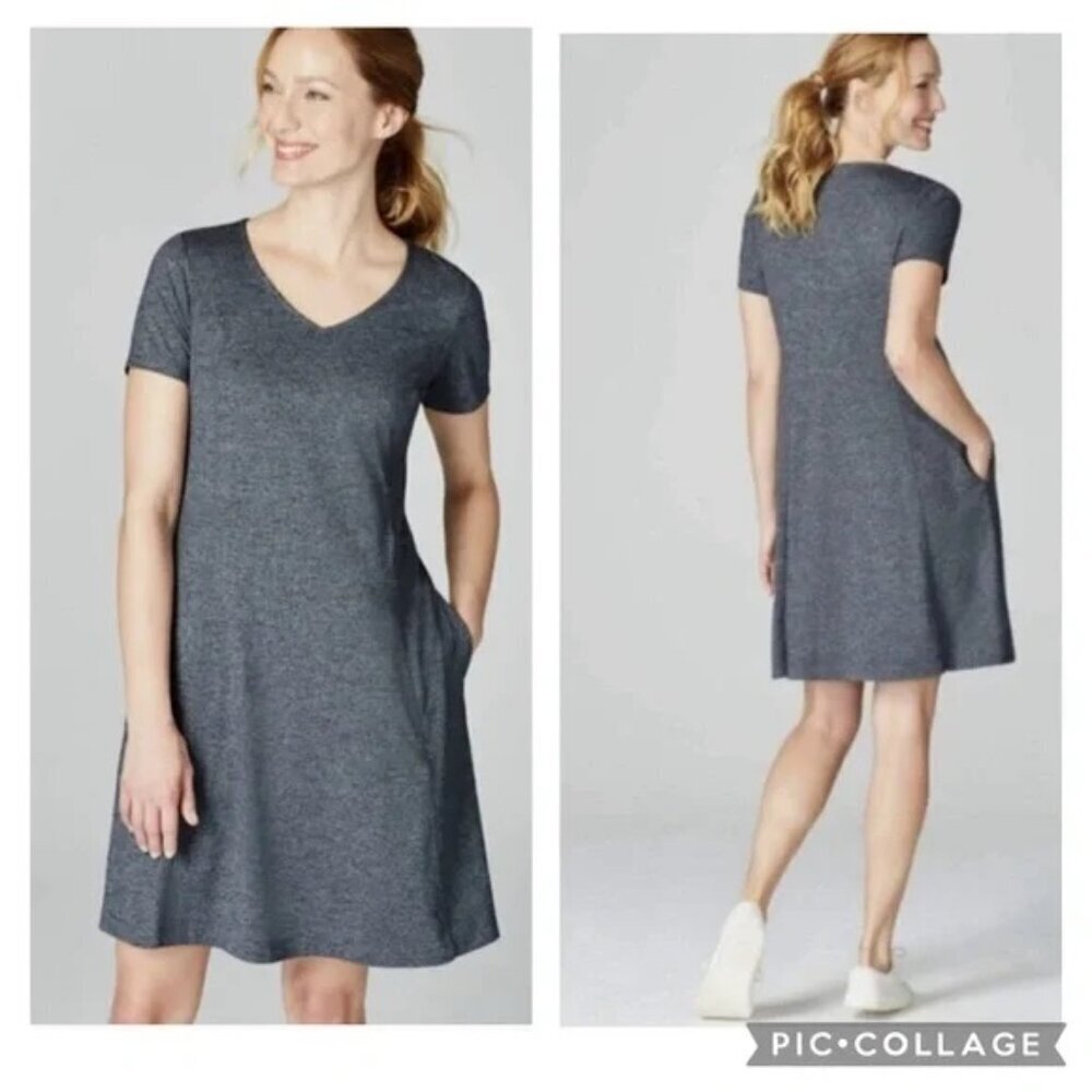 J. Jill Women's Fit Marled V-Neck Dress Stretch Pockets Short Sleeve XS